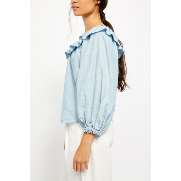 Free People Lily Of The Valley Chambray Blouse in Blue Size Small - Picture 8 of 15